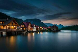 photo wallpaper the sky, mountains, water, houses, lake, the night, the mountains,. AI-Generated