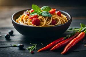 spaghetti with fresh tomatoes and basil leaves in a bowl. AI-Generated photo