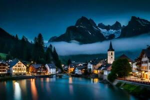 el pueblo de Altenburg en el Alpes a noche. generado por ai foto