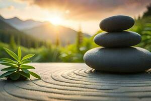 zen piedras apilado en parte superior de cada otro en frente de un montaña. generado por ai foto