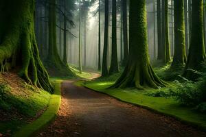 un camino mediante un verde bosque con arboles generado por ai foto