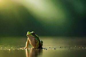 a frog sitting on the ground in front of a green background. AI-Generated photo