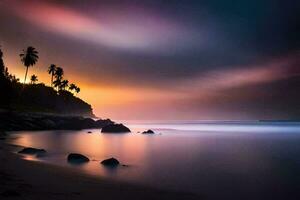 a beach with palm trees and rocks. AI-Generated photo