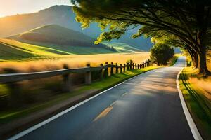 a road in the countryside with trees and grass. AI-Generated photo