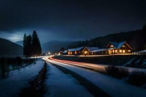 a long exposure photo of a road and a house in the snow. AI-Generated