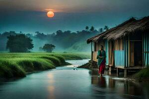 a woman walks along a river in front of a hut. AI-Generated photo