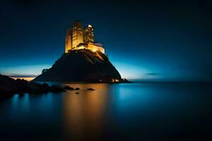 a castle sits on top of a rock in the middle of the ocean. AI-Generated photo