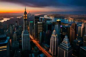 el ciudad horizonte a puesta de sol en nuevo york generado por ai foto