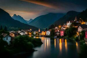 photo wallpaper the sky, mountains, river, town, night, slovenia, europe. AI-Generated