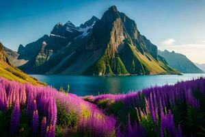 purple flowers bloom in front of mountains and water. AI-Generated photo