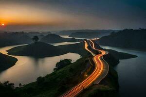 un largo exposición fotografía de un la carretera y agua a puesta de sol. generado por ai foto