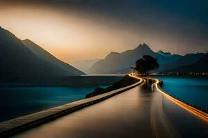 un largo exposición foto de un la carretera y agua en el montañas. generado por ai