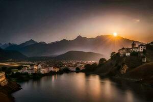 the sun rises over a town and mountains. AI-Generated photo