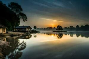 un lago con un casa y un barco en el antecedentes. generado por ai foto