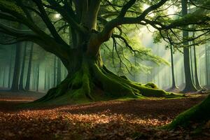 un grande árbol en el medio de un bosque. generado por ai foto