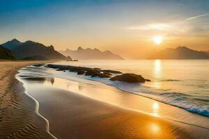 el Dom sube terminado el Oceano y montañas en esta foto. generado por ai foto