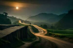 a road with a bridge and a full moon in the sky. AI-Generated photo