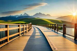 a wooden bridge over a lake with mountains in the background. AI-Generated photo
