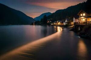 a long exposure photograph of houses on the shore of a lake. AI-Generated photo