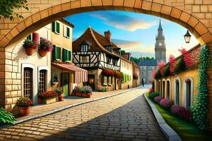 an illustration of a street in a medieval town. AI-Generated photo