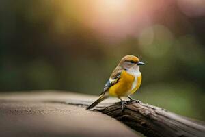 a small yellow bird sitting on a branch. AI-Generated photo