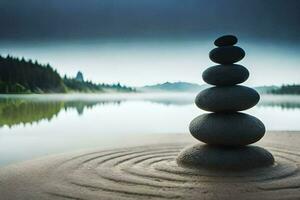 a stack of rocks on the beach near a lake. AI-Generated photo