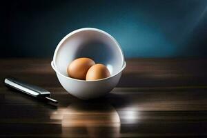 two eggs in a bowl with a knife. AI-Generated photo