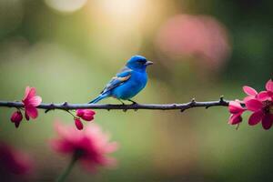 un azul pájaro se sienta en un rama con rosado flores generado por ai foto