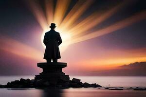 the man in the hat stands on a rock in front of the ocean. AI-Generated photo