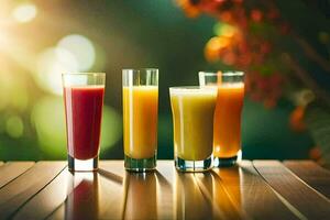 four glasses of juice on a table. AI-Generated photo