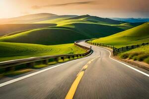 a road winding through green hills at sunset. AI-Generated photo