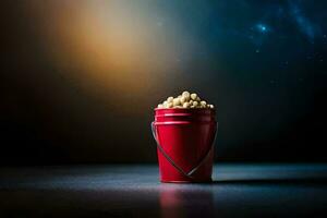 a red bucket filled with popcorn on a dark background. AI-Generated photo