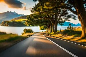 a road with trees and mountains in the background. AI-Generated photo