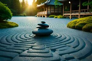 a stone garden with a stone path and a pagoda in the background. AI-Generated photo