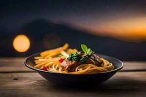 espaguetis con carne y vegetales en un bol. generado por ai foto