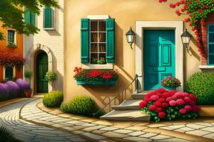 an illustration of a street with flowers and a blue door. AI-Generated photo