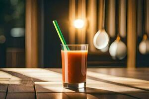 a glass of juice with a green straw sitting on a table. AI-Generated photo
