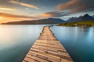 a wooden pier stretches out into the ocean at sunset. AI-Generated photo