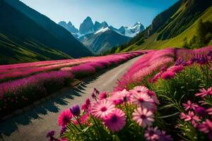 a road with pink flowers and mountains in the background. AI-Generated photo