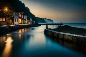 a long exposure photograph of a town on the coast. AI-Generated photo