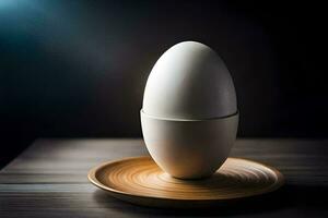 an egg on a wooden plate. AI-Generated photo