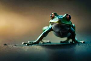a frog is standing on a dark surface. AI-Generated photo