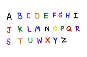 Colorful handwritten font in English capital letter, uppercase alphabet A-Z on white background. Concept, education. Teaching aids. Language learning. Start with abc... to build words or vocabulary. photo