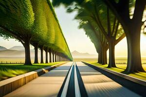 a long road with trees and grass on either side. AI-Generated photo