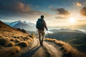 un hombre con un mochila caminando en un sendero en el montañas. generado por ai foto
