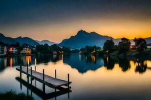 a pier in the middle of a lake at sunset. AI-Generated photo