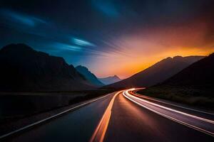 a long exposure photograph of a road in the mountains. AI-Generated photo