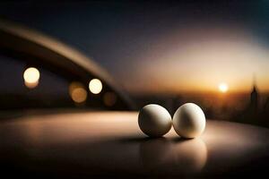 two eggs sit on a table in front of a city skyline. AI-Generated photo