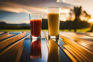 two glasses of juice on a table with a sunset in the background. AI-Generated photo