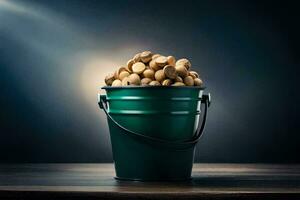 a bucket filled with peanuts on a table. AI-Generated photo